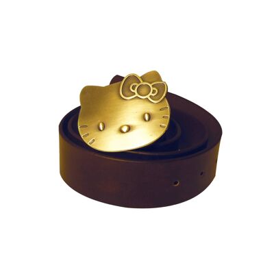 Cintura in pelle PU Hello Kitty con fibbia in metallo ossidato in ottone -Marrone