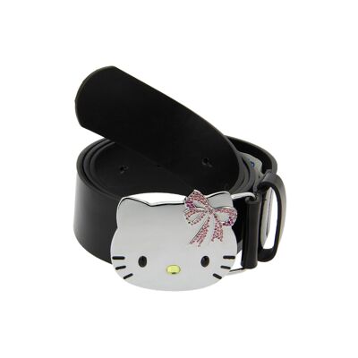Hello Kitty Pu Leather Belt Chrome Buckle With Pink Austrian Crystal- Black