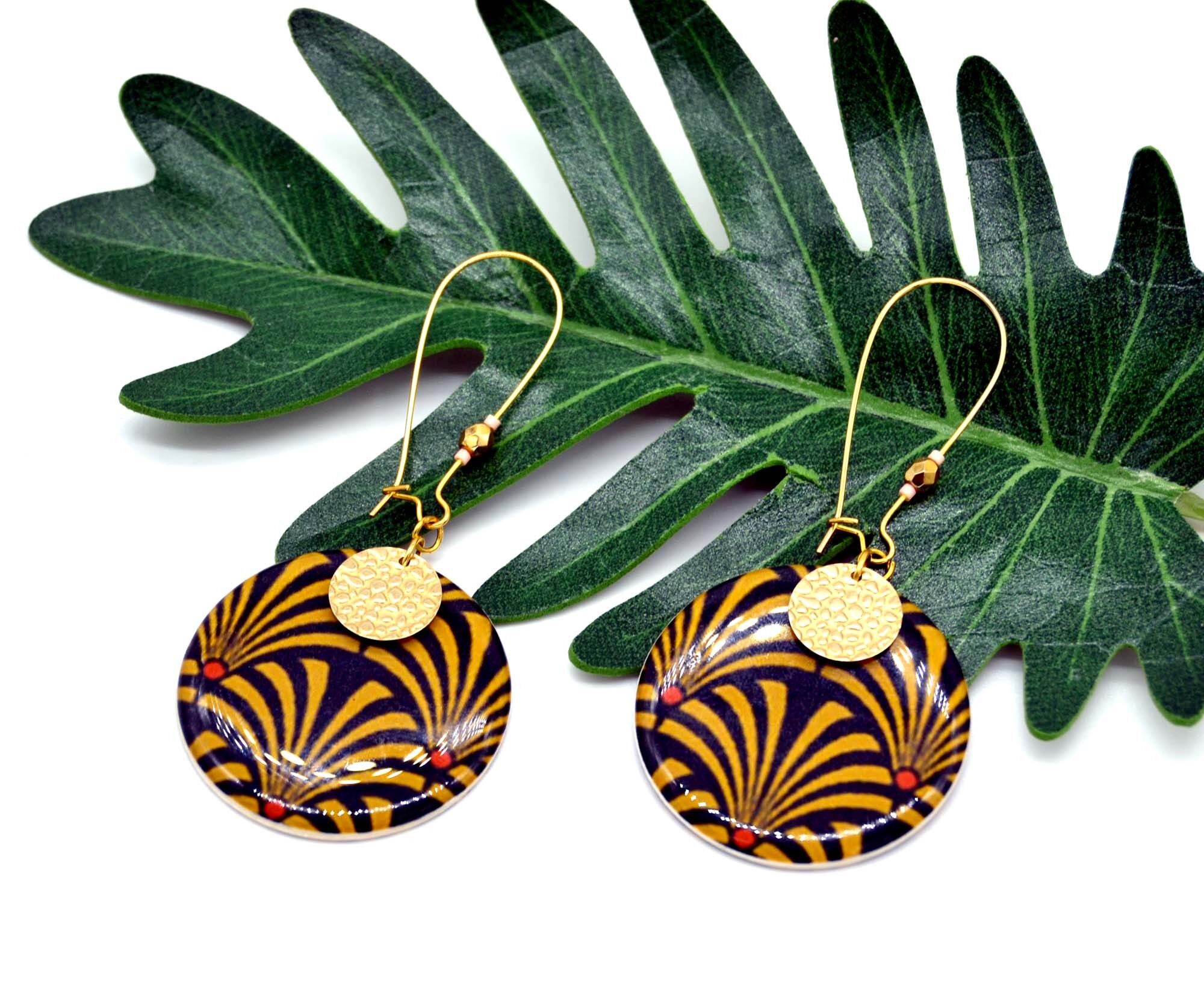 Japanische Papierohrringe mit Fächermuster schwarz gold gelb