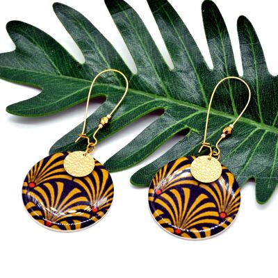 Boucles d'oreilles papier japonais motif éventail noir doré jaune