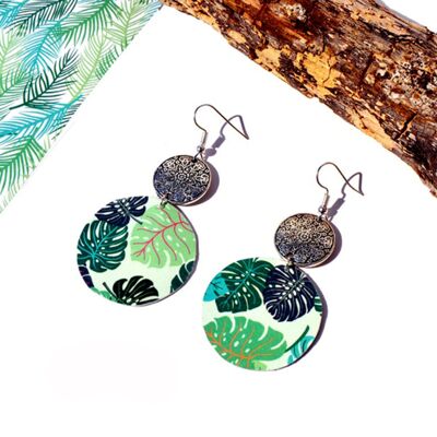 Round tropical green paper monstera leaf earrings