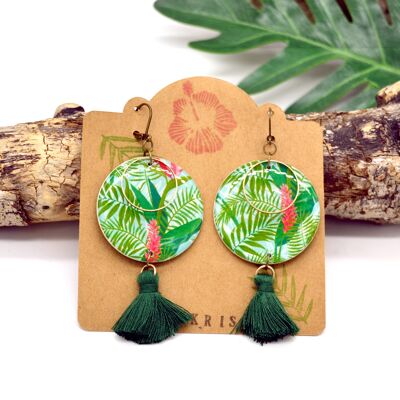 Paper resin earrings with tropical plant motif and green pompoms