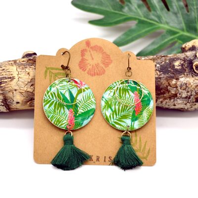 Paper resin earrings with tropical plant motif and green pompoms