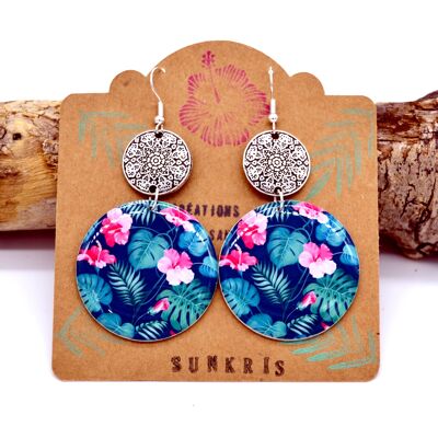 tropical flower earrings pink green hibiscus pattern and ethnic silver connector