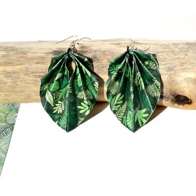 Boucles d'oreilles origami papier jungle motif feuille verte