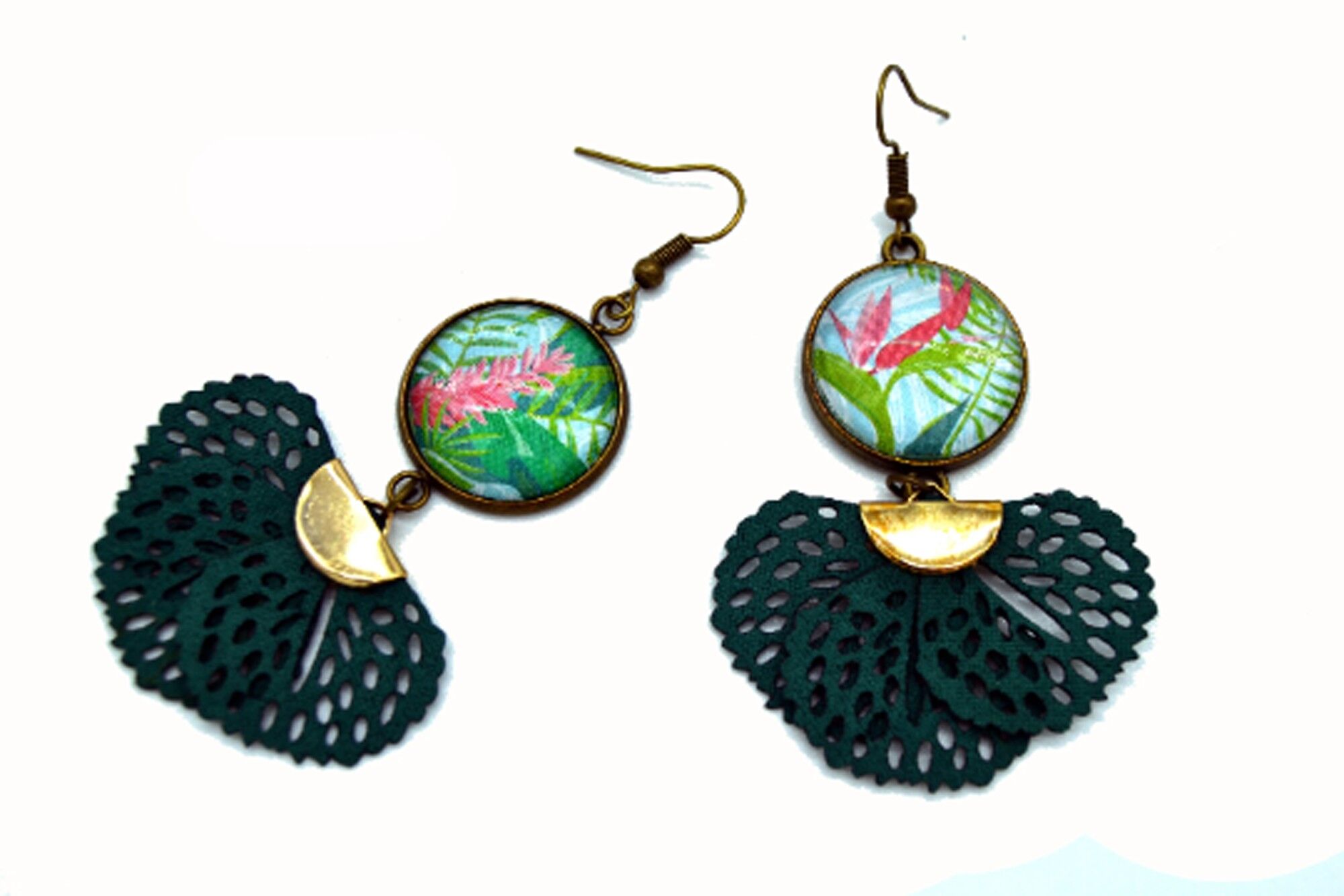 Ohrringe tropischen Blumen Cabochon rosa grün Modeschmuck