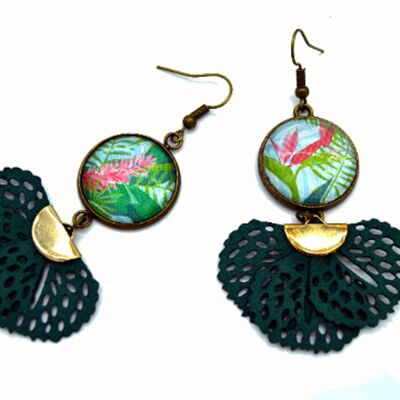 Earrings tropical flowers cabochon pink green costume jewelry