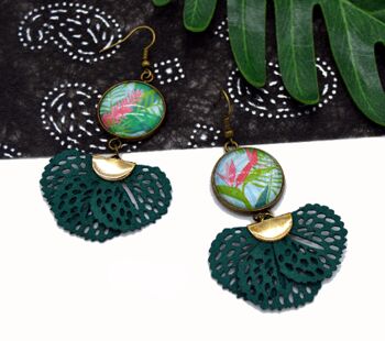 Boucles d'oreilles fleurs tropicales cabochon bijoux fantaisie vert rose 3