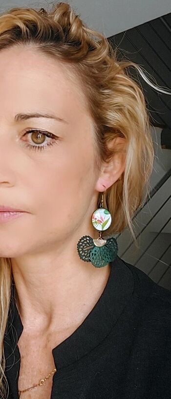 Boucles d'oreilles fleurs tropicales cabochon bijoux fantaisie vert rose 4