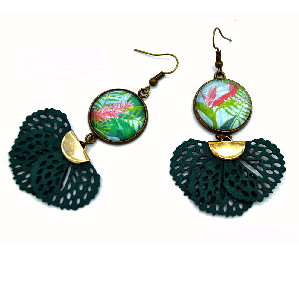 Ohrringe tropischen Blumen Cabochon rosa grün Modeschmuck