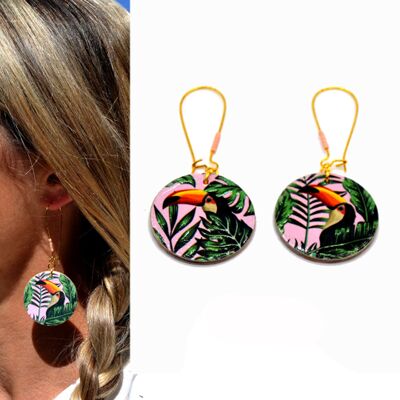 Wooden earrings covered with paper toucan pattern and tropical leaf gold pink green