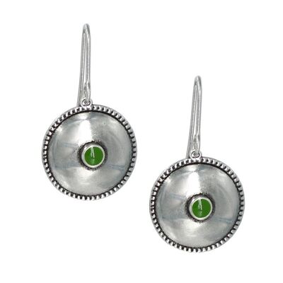 Circular ethnic earring with green enamel