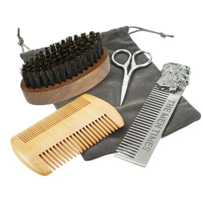 Beard set in a case with beard comb, beard brush, scissors and dust comb