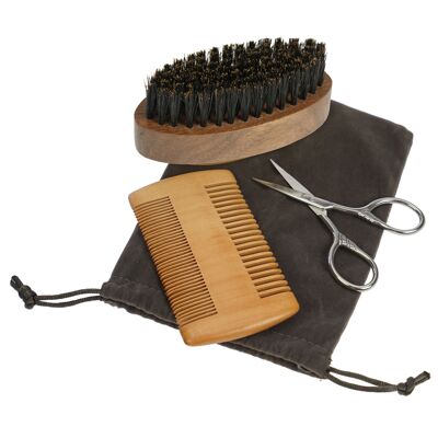 Beard set in a case with beard comb, beard brush, scissors and dust comb