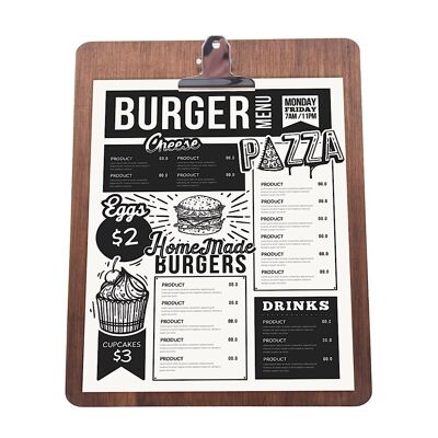 Carte de menu en bois avec clip 24 x 35 cm utilisation dans les restaurants et les bars