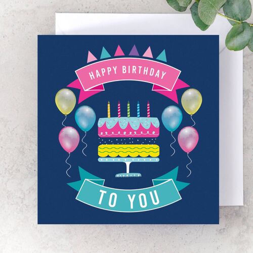 Happy Birthday Cake And Balloons Card - Blue