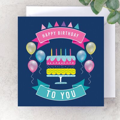 Alles Gute zum Geburtstag Kuchen und Luftballons Karte - Blau
