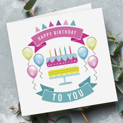 Alles Gute zum Geburtstag Kuchen und Luftballons Karte - weiß