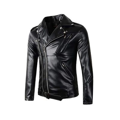 Causal Belted Design Slim Pu Leather Biker Zipper Jacket Coat