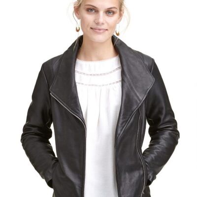 Asymmetrical Zip Leather Jacket Knit Panel Sleeves