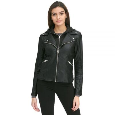 Hooded Stretch Faux Leather Jacket