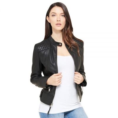 Carolina Center Zip Quilt Shoulder Leather Jacket