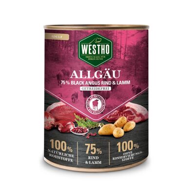 Nourriture humide pour chiens Westho Allgäu 800g (avec 75% de bœuf Black Angus et d'agneau de pâturage)
