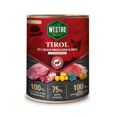 Hundefutter Nassfutter Westho Tirol 800g (mit 75 % Black Angus Rind & Wild)