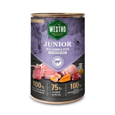 Nourriture humide pour chiens Westho Junior 400g (avec 75% d'agneau de pâturage et de dinde)