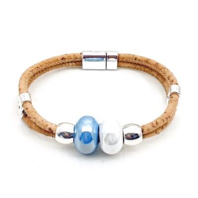 Kurkleer armband | Bauhinia - 15-16 cm, Naturel-Blauw-Wit