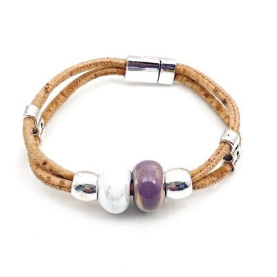 Kurkleer armband | Bauhinia - 15-16 cm, Naturel-Paars-Wit