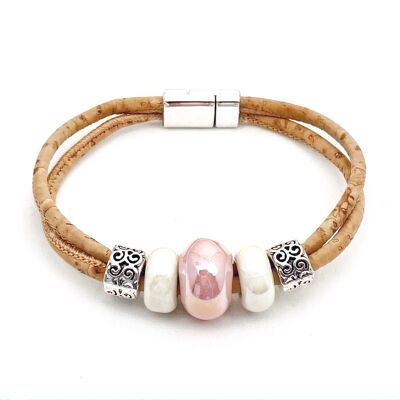 Kurkleer armband | Ravenea - 17 cm, Naturel-Roze-Wit