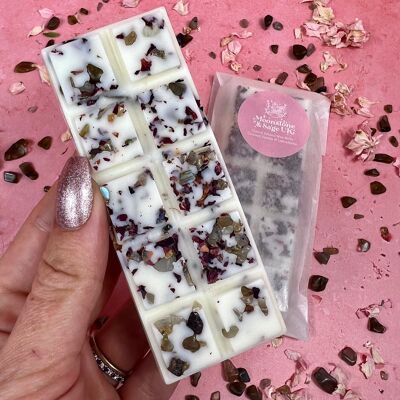 SALTED CARAMEL + VANILLA Crystal Infused Wax Melt Snap Bar with Smoky Quartz Chips.