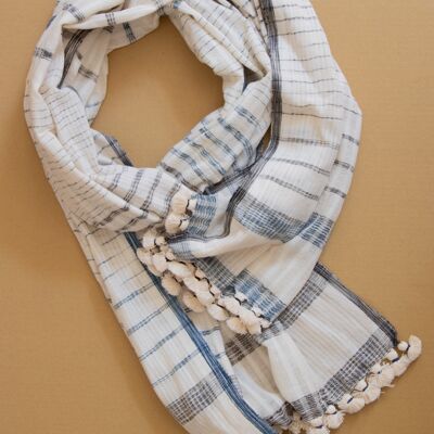 Long, hand-woven summer scarf made from organic cotton in gray and white