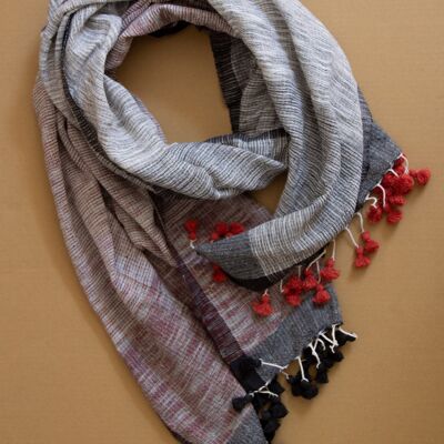Long, hand-woven summer scarf made from organic cotton with bobbles - Lake Gray