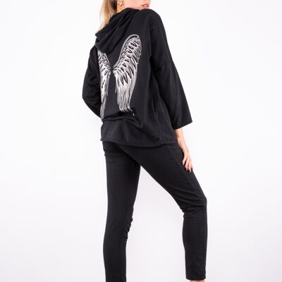 Black zip up hoodie set with wing design on back