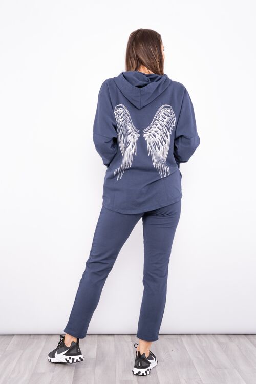 Navy zip up hoodie set with wing design on back