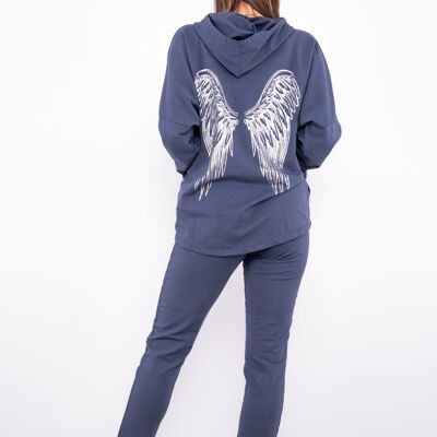 Sweat à capuche zippé bleu marine avec motif aile dans le dos
