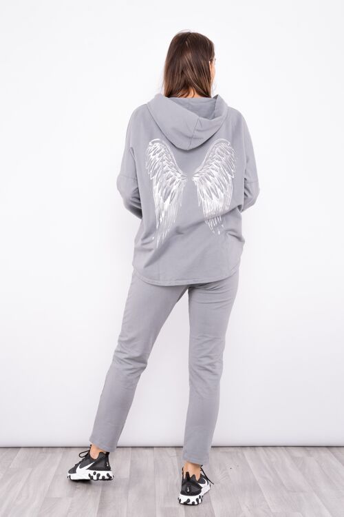 Grey zip up hoodie set with wing design on back