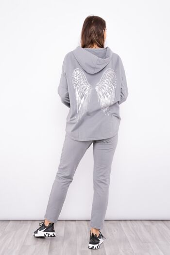 Sweat à capuche zippé gris avec motif ailes dans le dos 1
