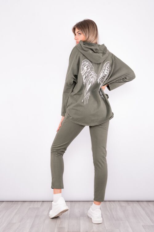 Khaki zip up hoodie set with wing design on back