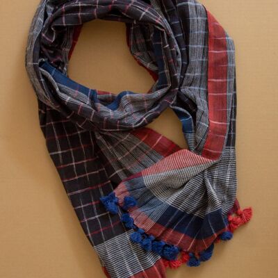 Long, hand-woven summer scarf made from organic cotton with bobbles - black, blue, red