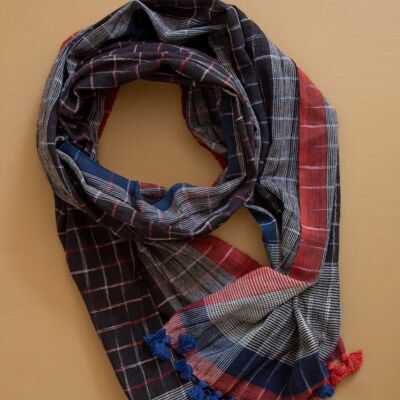 Long, hand-woven summer scarf made from organic cotton with bobbles - black, blue, red