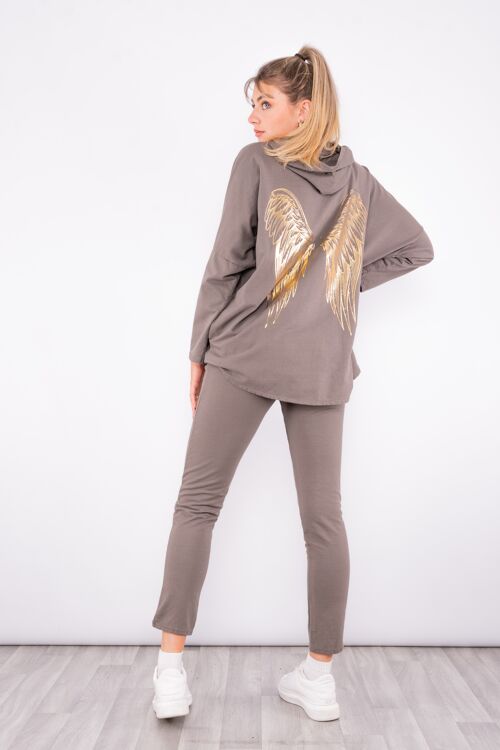 Taupe zip up hoodie set with wing design on back