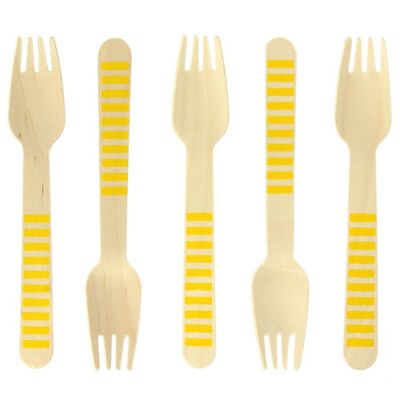 10 Yellow Stripes Wooden Forks