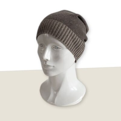 Cashmere Beanie, Two Colour Rib, Tan