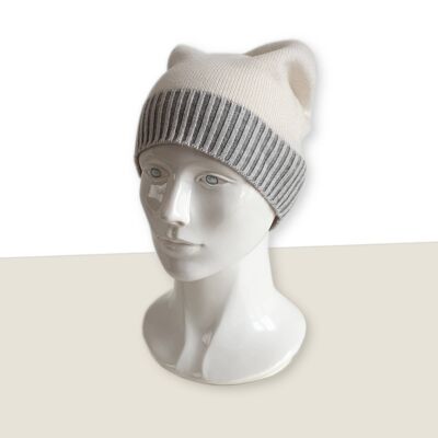 Cashmere Beanie, Two Colour Rib, White