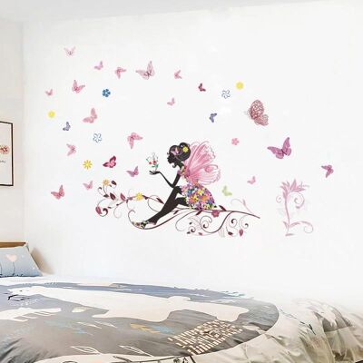 Schmetterlings-Blumen-Fee-Mädchen-Schlafzimmer-Wand-Aufkleber