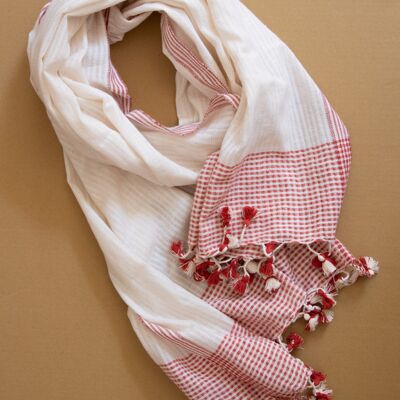 Soft handwoven organic cotton scarf - cream red