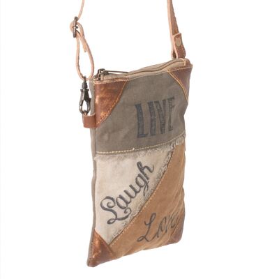 Sac à bandoulière compact en toile recyclée « Live, Laugh, Love »